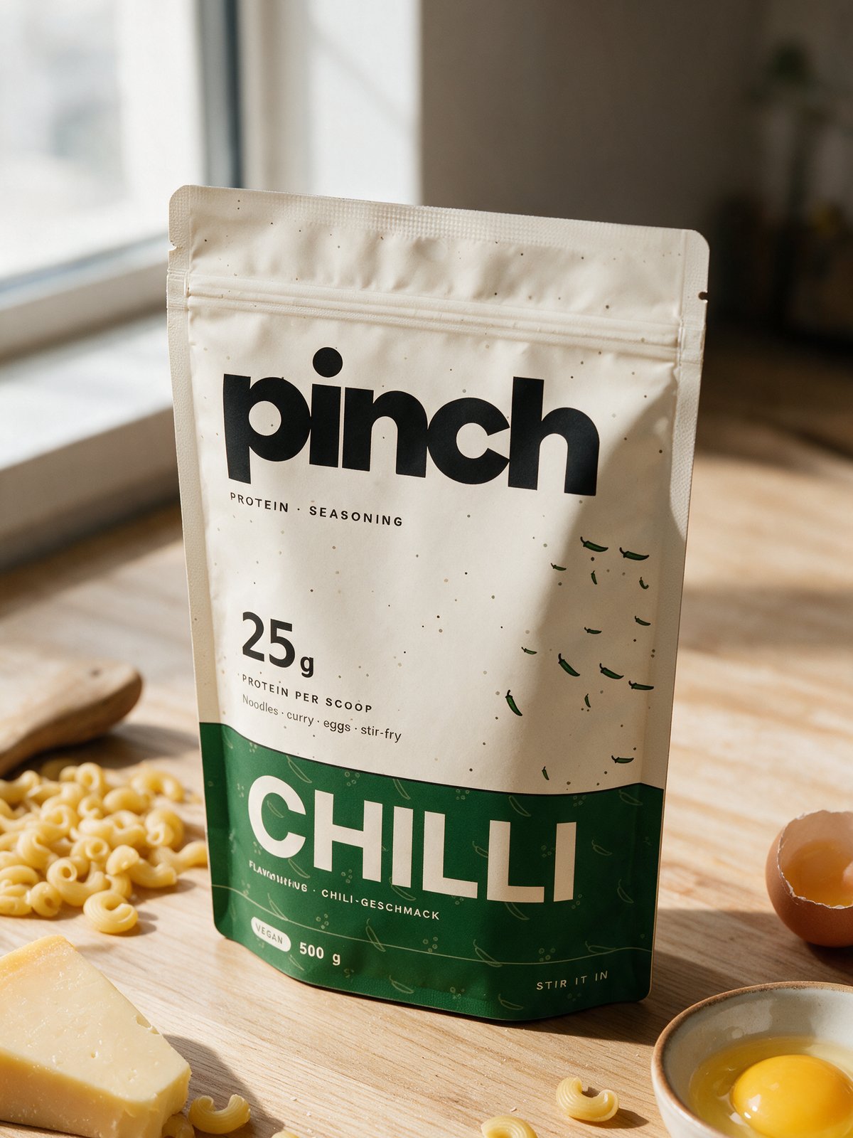 A Pinch Chilli pouch standing on a wooden kitchen counter next to pasta, cheese and an egg